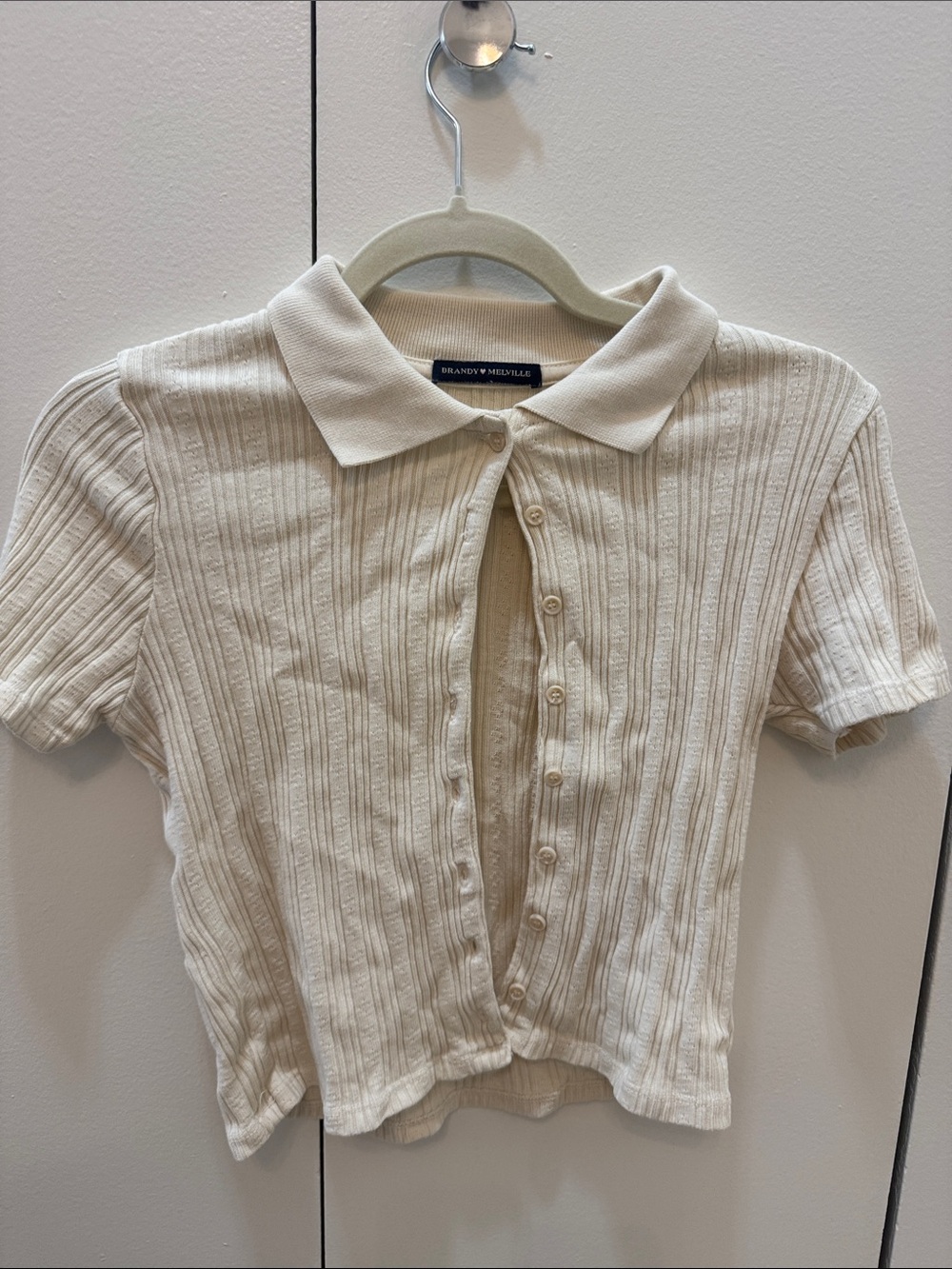 Brandy Melville Cream Ribbed Button-Up Polo Crop